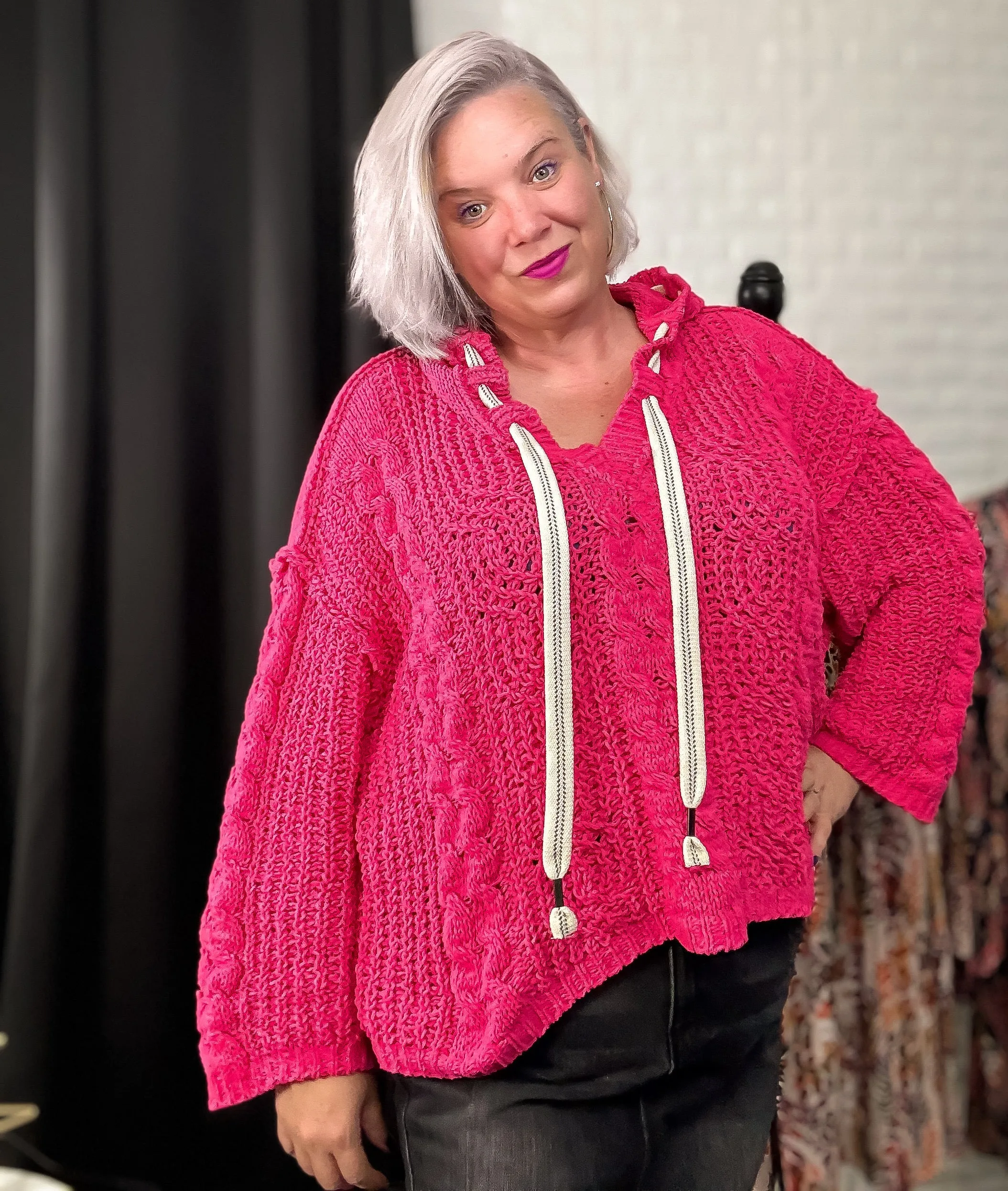 POL Fuchsia Cable Knit Hooded Chenille Oversized Sweater