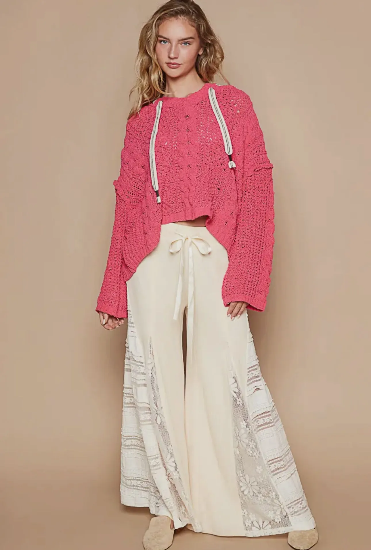 POL Fuchsia Cable Knit Hooded Chenille Oversized Sweater