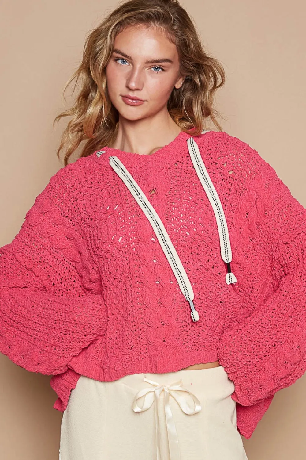 POL Fuchsia Cable Knit Hooded Chenille Oversized Sweater