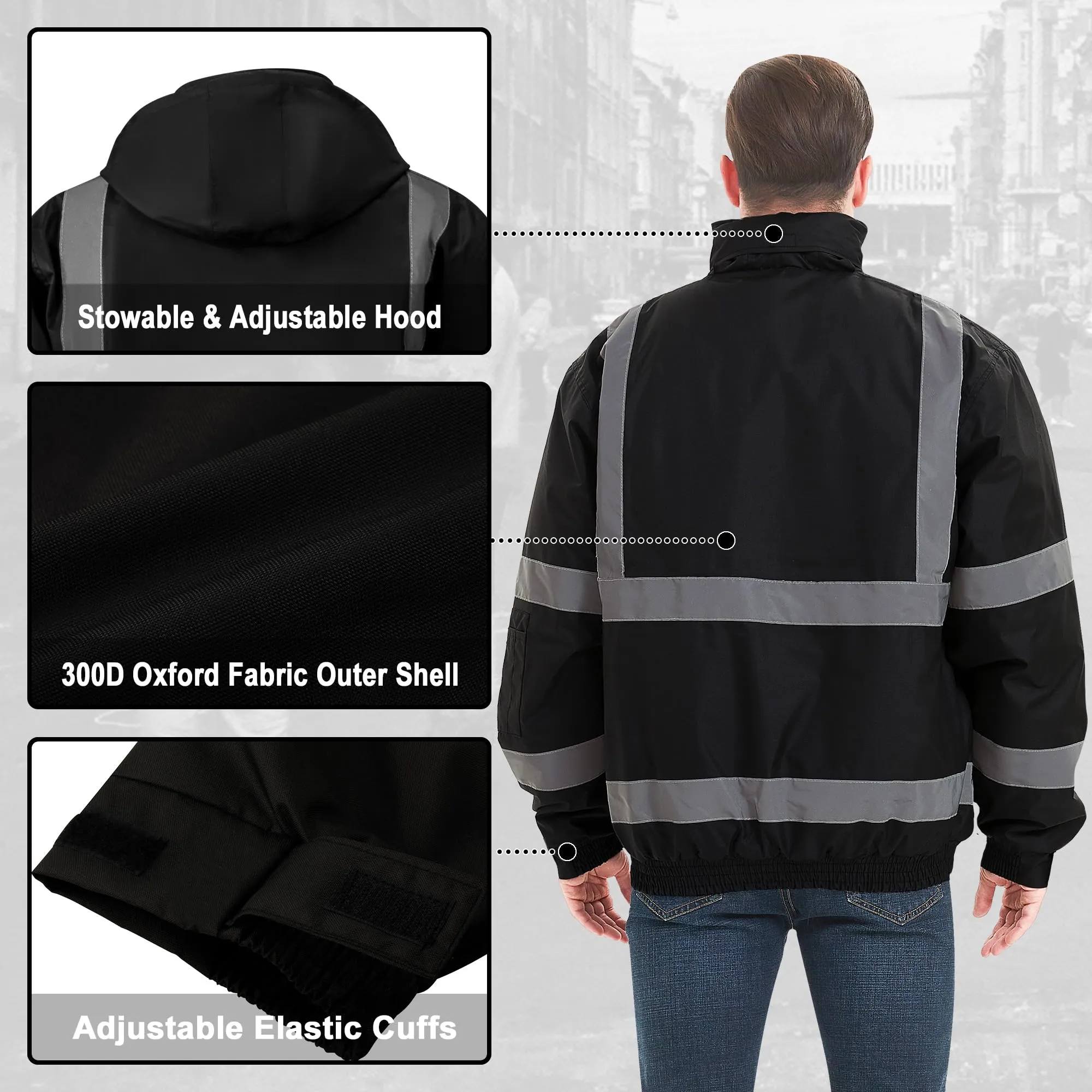 ProtectX Winter Hi Vis Safety Waterproof Bomber Jacket for Men, High Visibility Reflective Jacket - Black