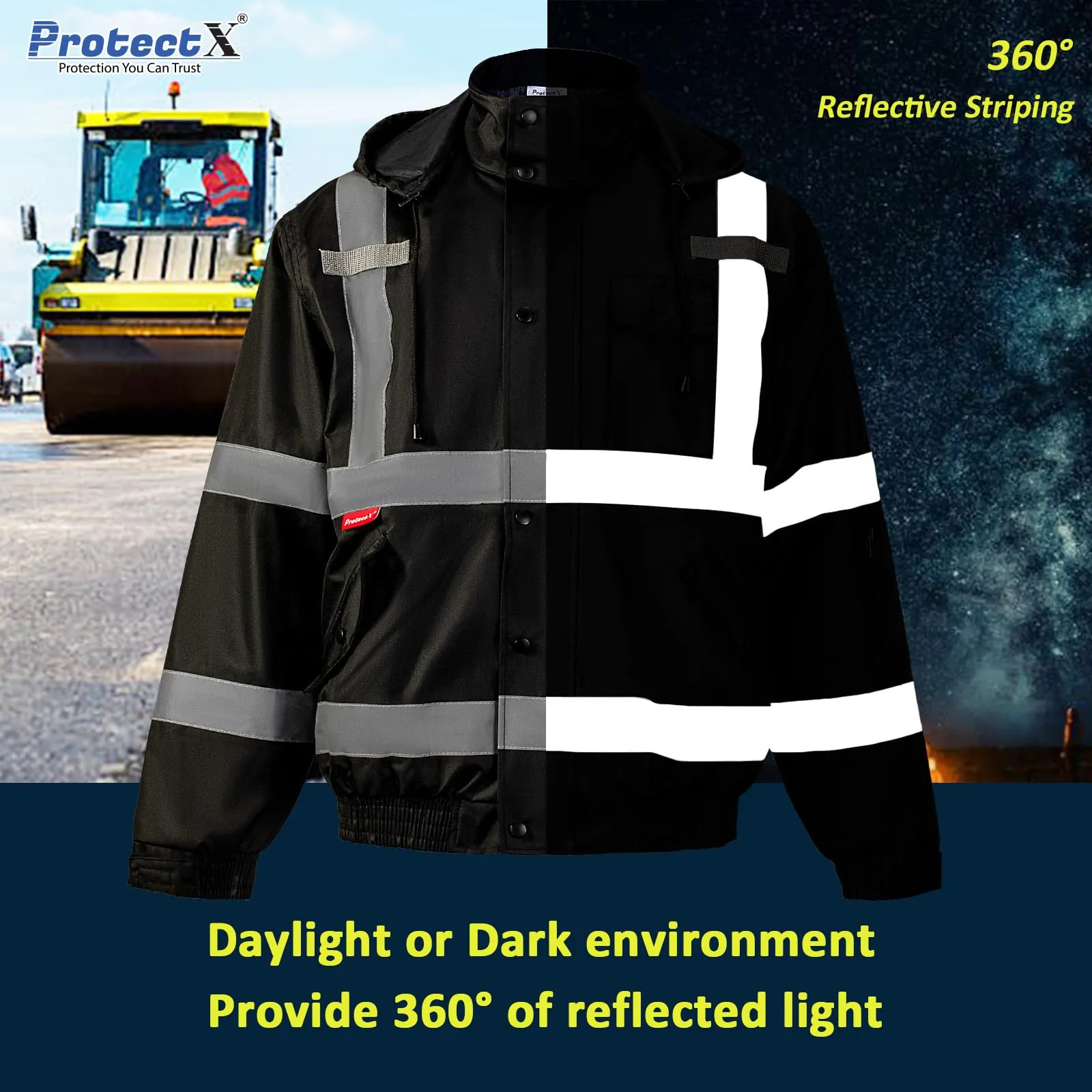 ProtectX Winter Hi Vis Safety Waterproof Bomber Jacket for Men, High Visibility Reflective Jacket - Black