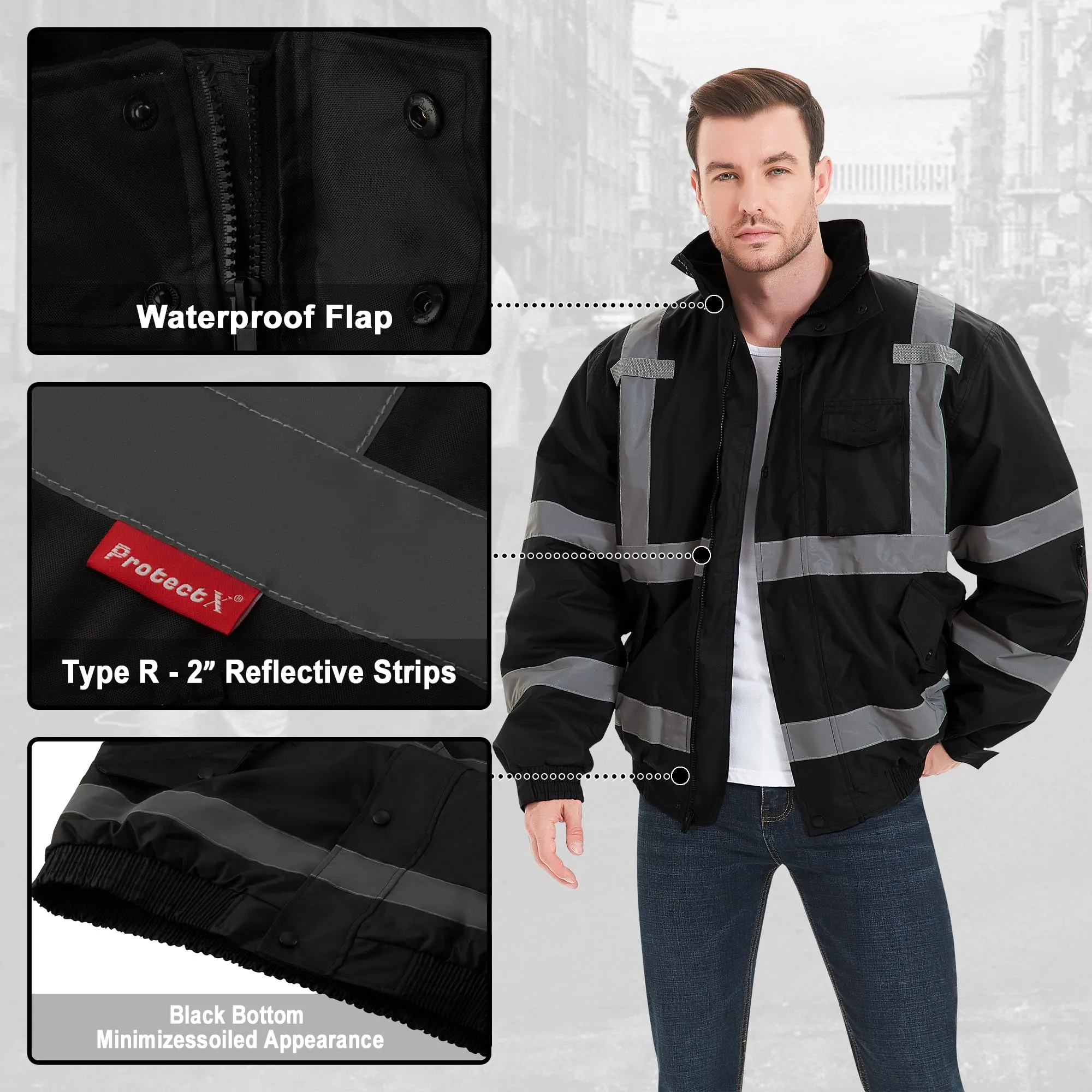 ProtectX Winter Hi Vis Safety Waterproof Bomber Jacket for Men, High Visibility Reflective Jacket - Black