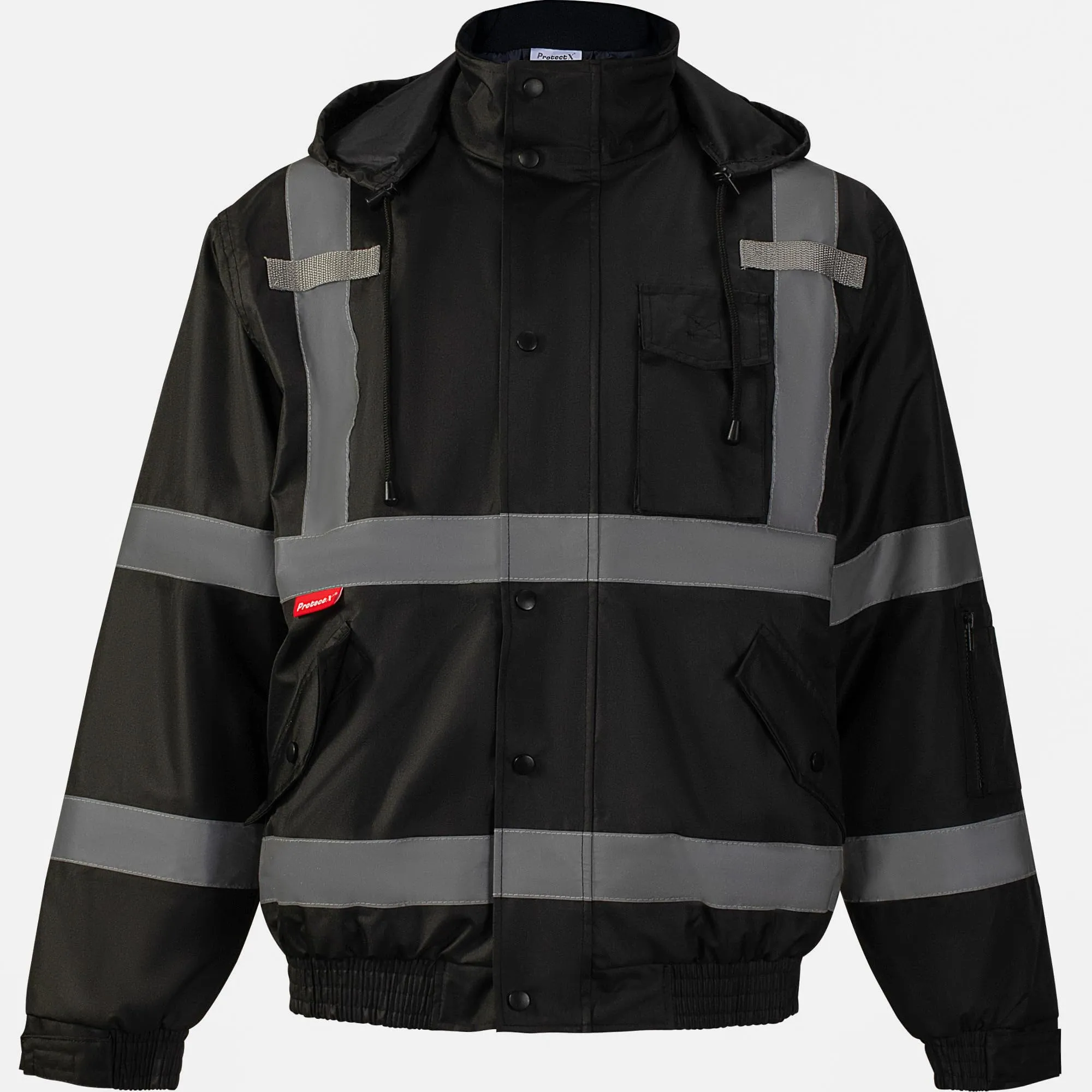 ProtectX Winter Hi Vis Safety Waterproof Bomber Jacket for Men, High Visibility Reflective Jacket - Black