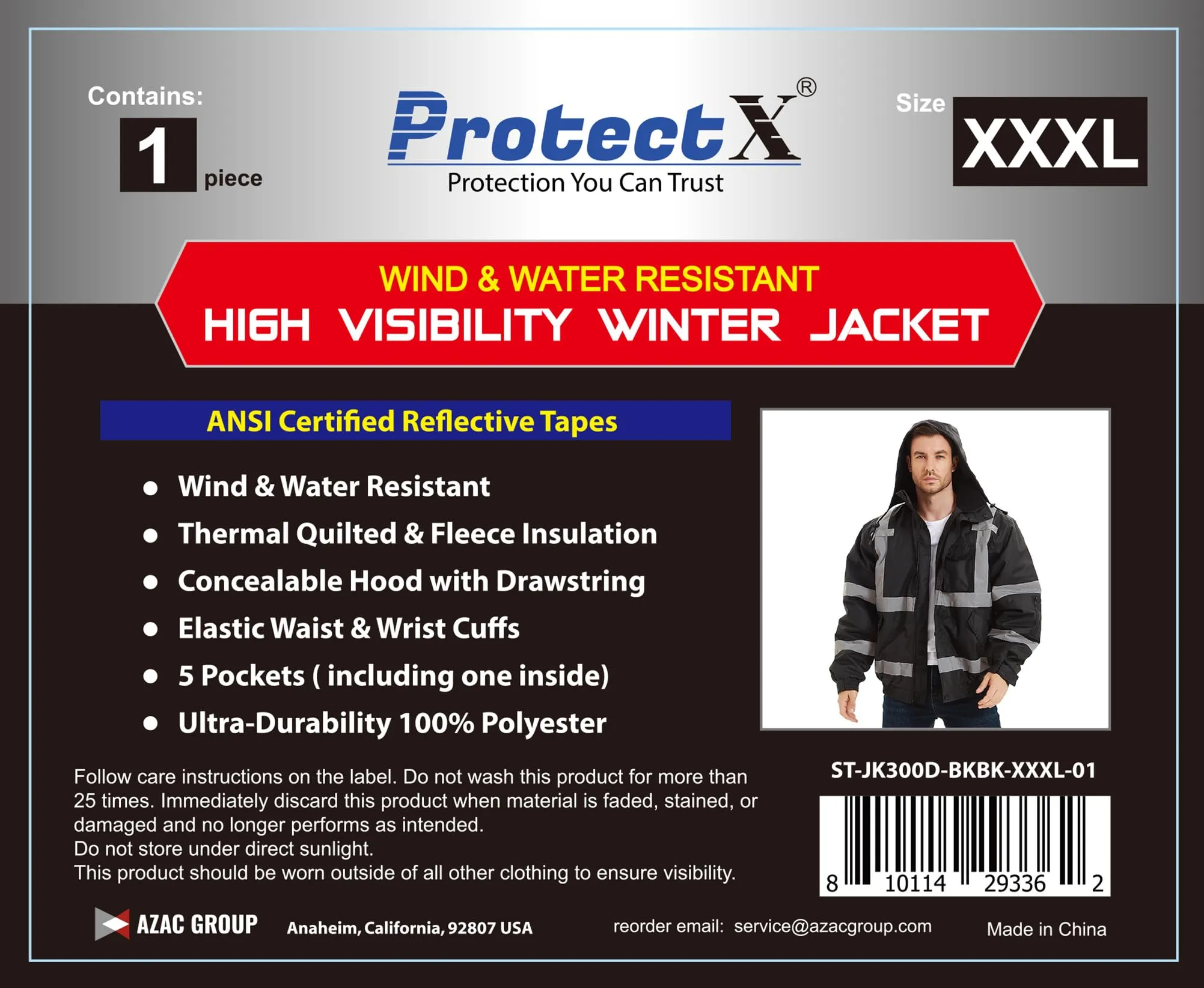 ProtectX Winter Hi Vis Safety Waterproof Bomber Jacket for Men, High Visibility Reflective Jacket - Black