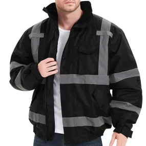 ProtectX Winter Hi Vis Safety Waterproof Bomber Jacket for Men, High Visibility Reflective Jacket - Black