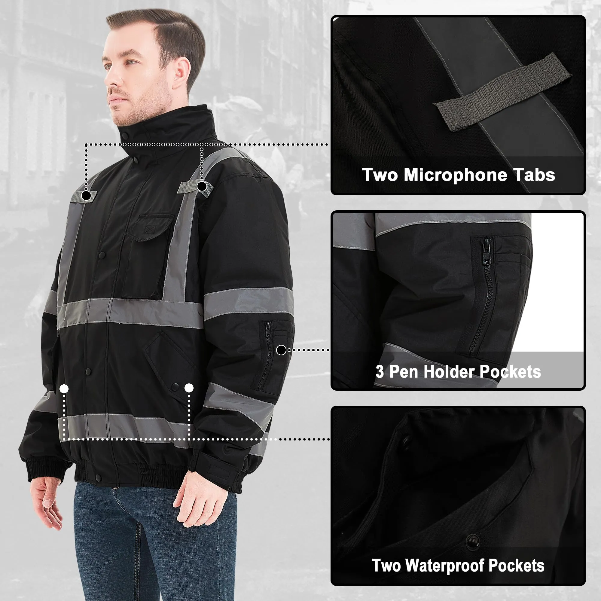 ProtectX Winter Hi Vis Safety Waterproof Bomber Jacket for Men, High Visibility Reflective Jacket - Black