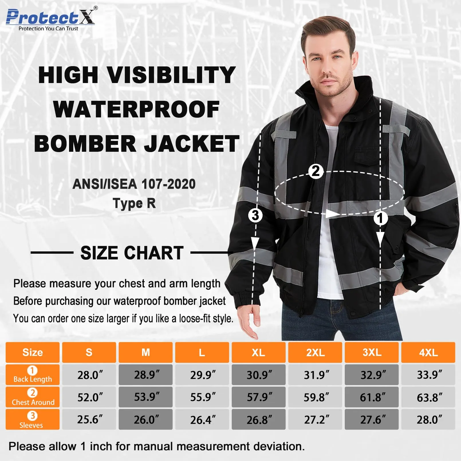ProtectX Winter Hi Vis Safety Waterproof Bomber Jacket for Men, High Visibility Reflective Jacket - Black