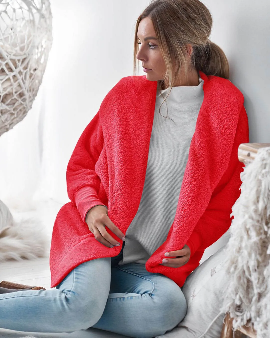 Pure Color Lapel Women Cardigan Hooded Oversized Teddy Coat