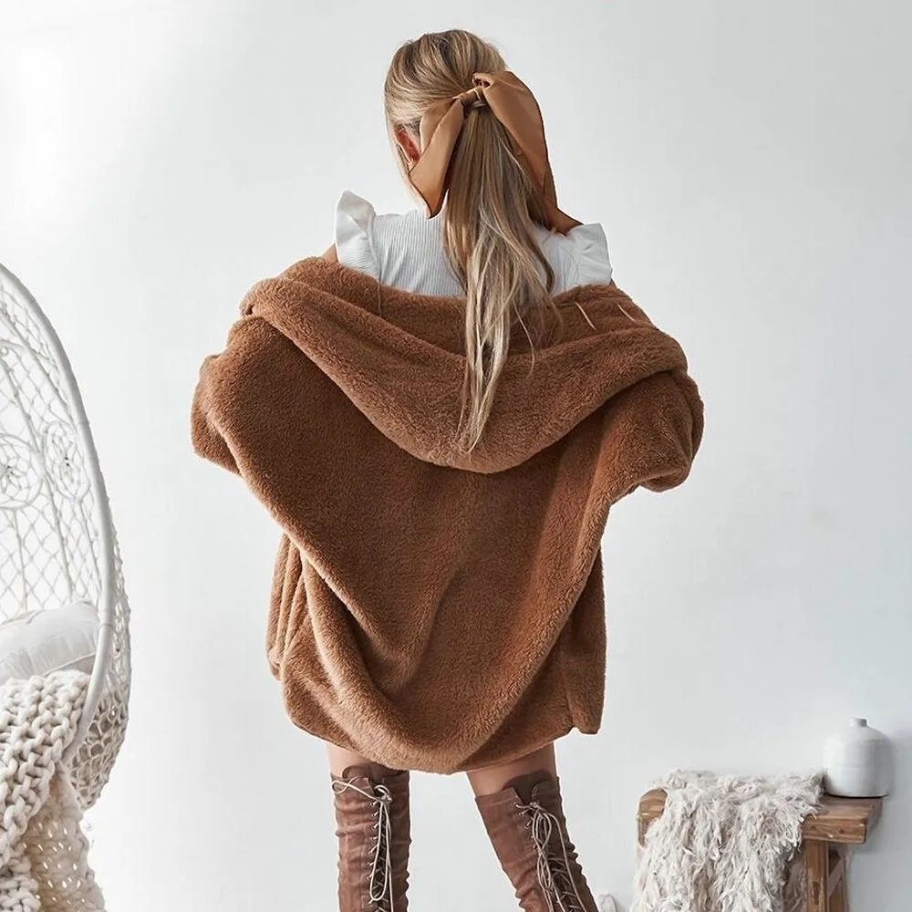 Pure Color Lapel Women Cardigan Hooded Oversized Teddy Coat