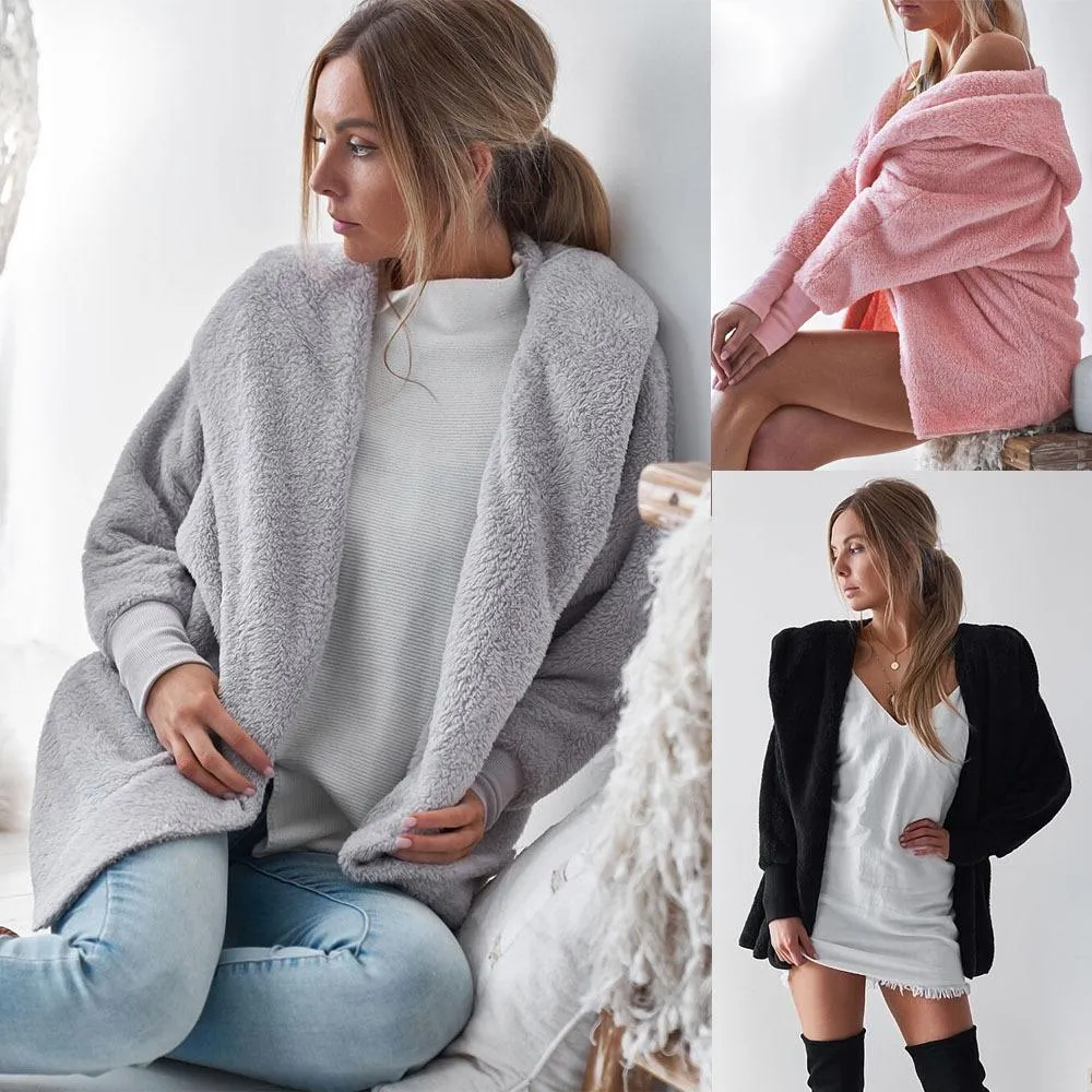 Pure Color Lapel Women Cardigan Hooded Oversized Teddy Coat