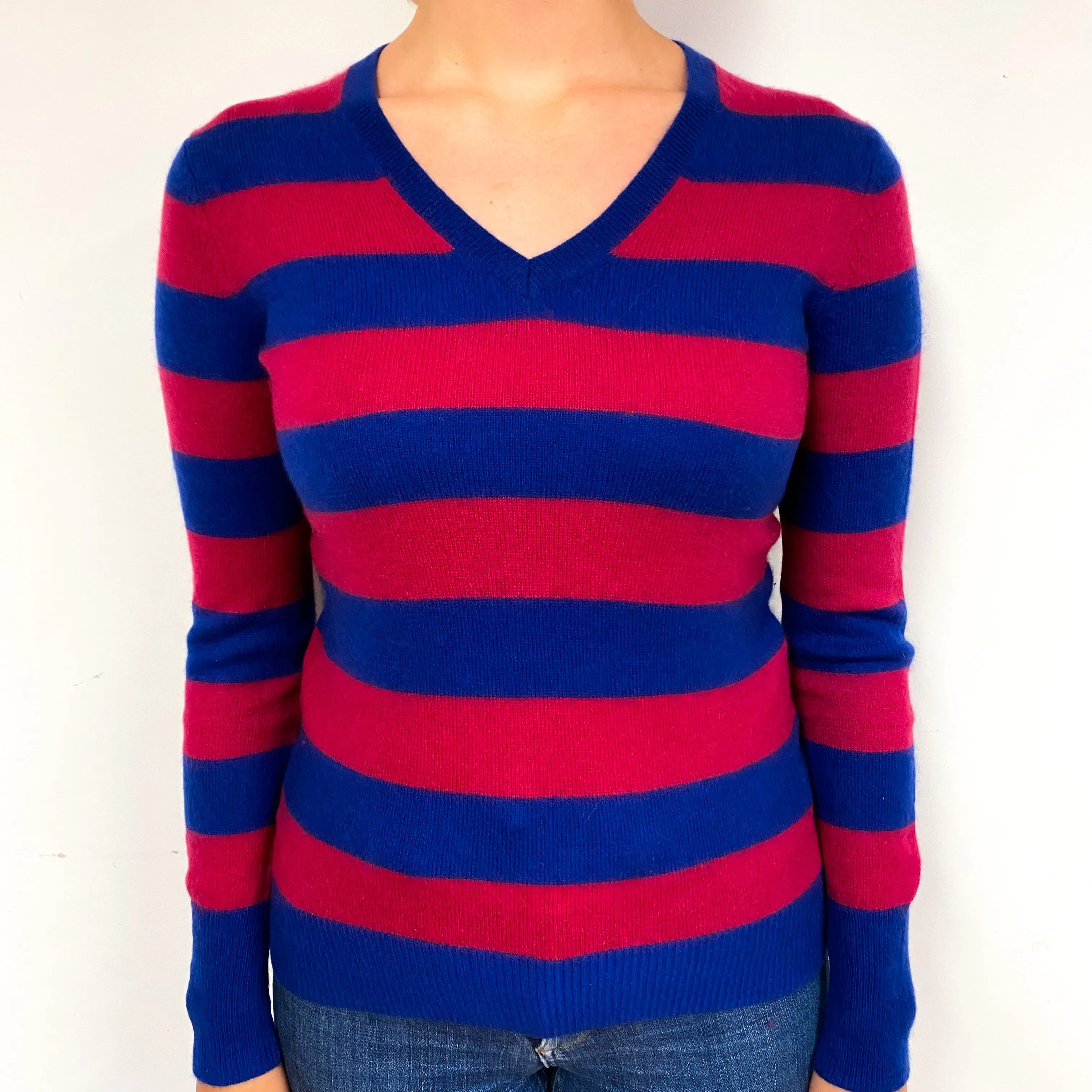Raspberry Pink Blue Stripe Cashmere V-Neck Jumper Small