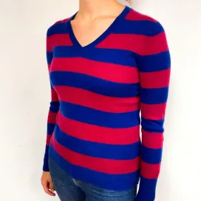 Raspberry Pink Blue Stripe Cashmere V-Neck Jumper Small