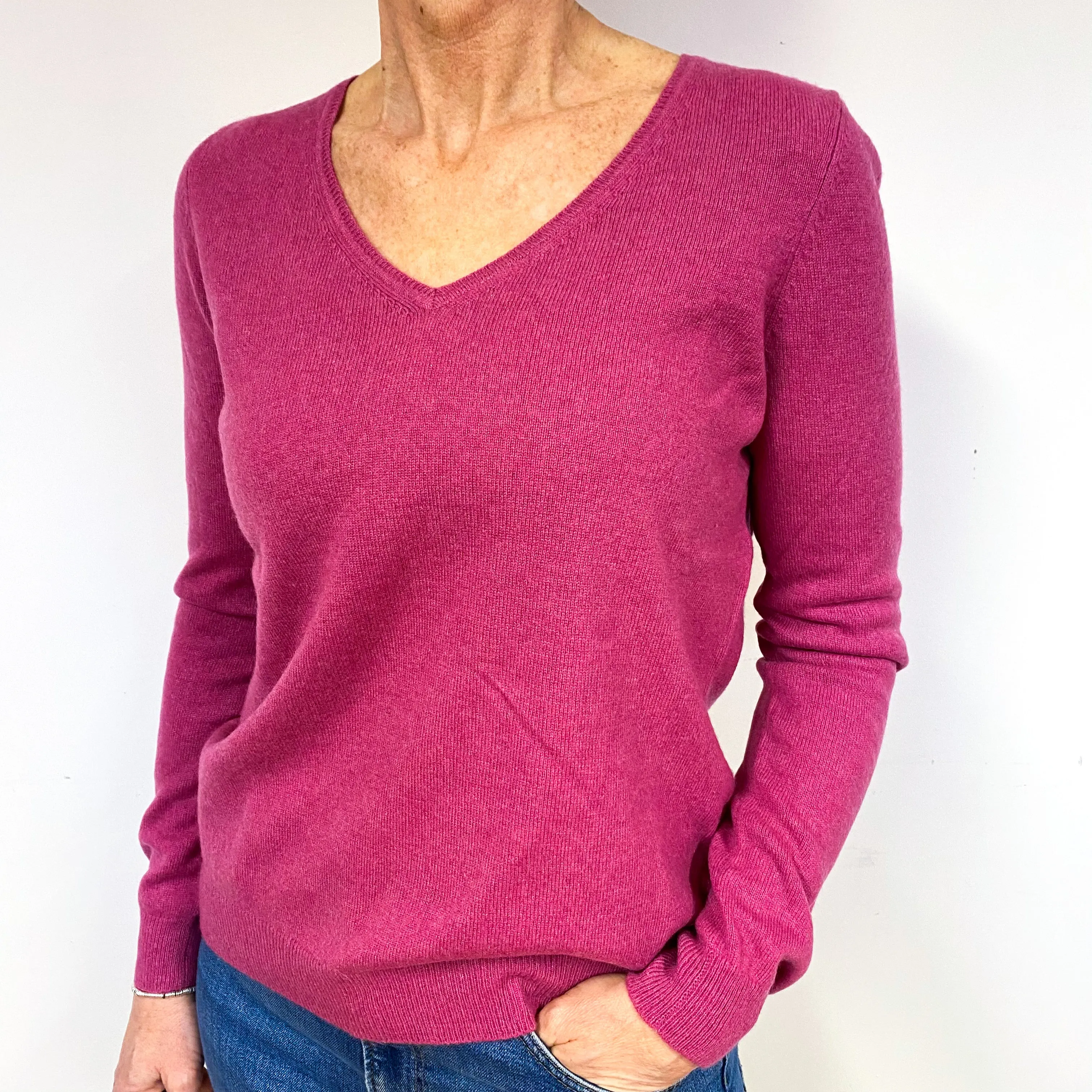 Raspberry Pink Cashmere V-Neck Jumper Medium