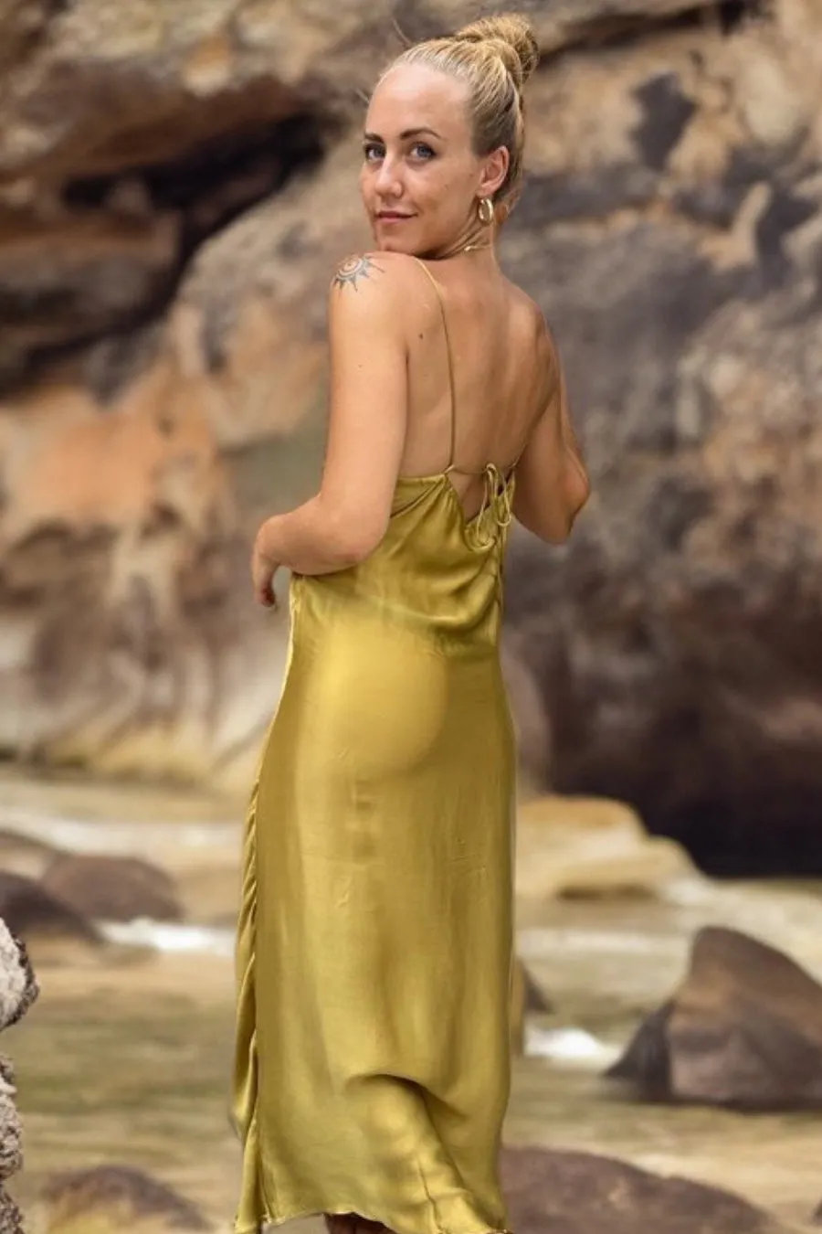 ROSE SILK SLIP DRESS DARK GOLD