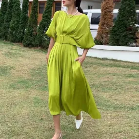 Ruched Solid Dress For Women Round Neck Lantern Sleeve High Waist Minimalist Midi Dresses Female Spring Fashion Clothing New