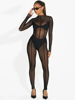 See Through Long Sleeve Bodycon Black Jumpsuit Overalls