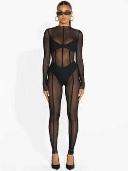 See Through Long Sleeve Bodycon Black Jumpsuit Overalls