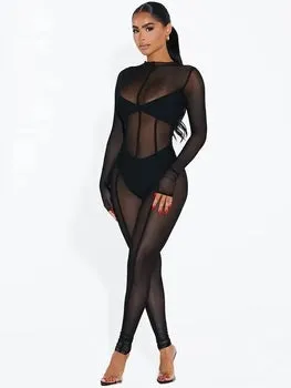 See Through Long Sleeve Bodycon Black Jumpsuit Overalls