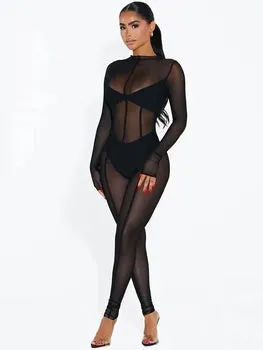 See Through Long Sleeve Bodycon Black Jumpsuit Overalls