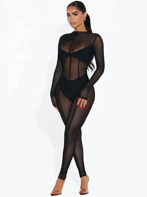See Through Long Sleeve Bodycon Black Jumpsuit Overalls
