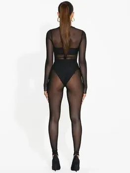 See Through Long Sleeve Bodycon Black Jumpsuit Overalls