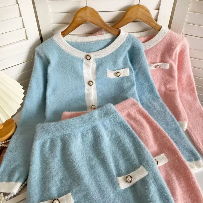 Set: Crew Neck Contrast Trim Button-Up Crop Cardigan   High Waist Mini Pencil Knit Skirt