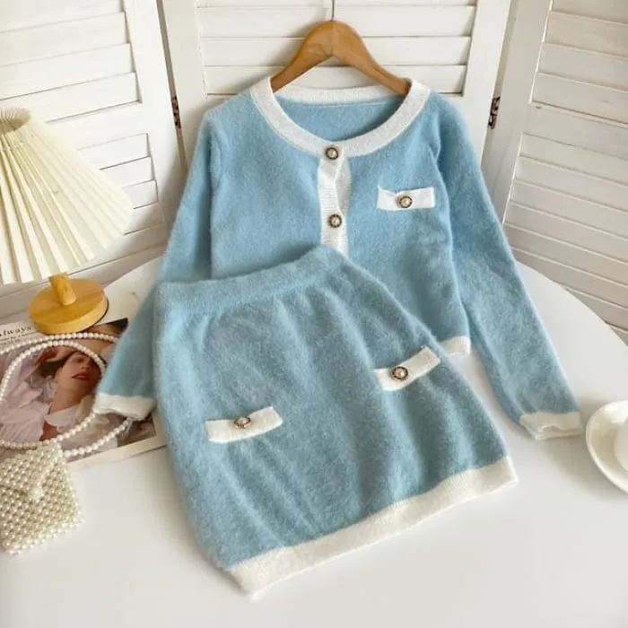 Set: Crew Neck Contrast Trim Button-Up Crop Cardigan   High Waist Mini Pencil Knit Skirt