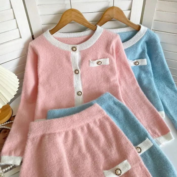 Set: Crew Neck Contrast Trim Button-Up Crop Cardigan   High Waist Mini Pencil Knit Skirt