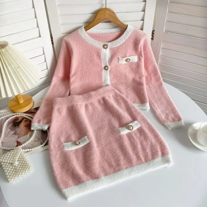 Set: Crew Neck Contrast Trim Button-Up Crop Cardigan   High Waist Mini Pencil Knit Skirt