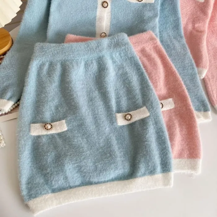 Set: Crew Neck Contrast Trim Button-Up Crop Cardigan   High Waist Mini Pencil Knit Skirt