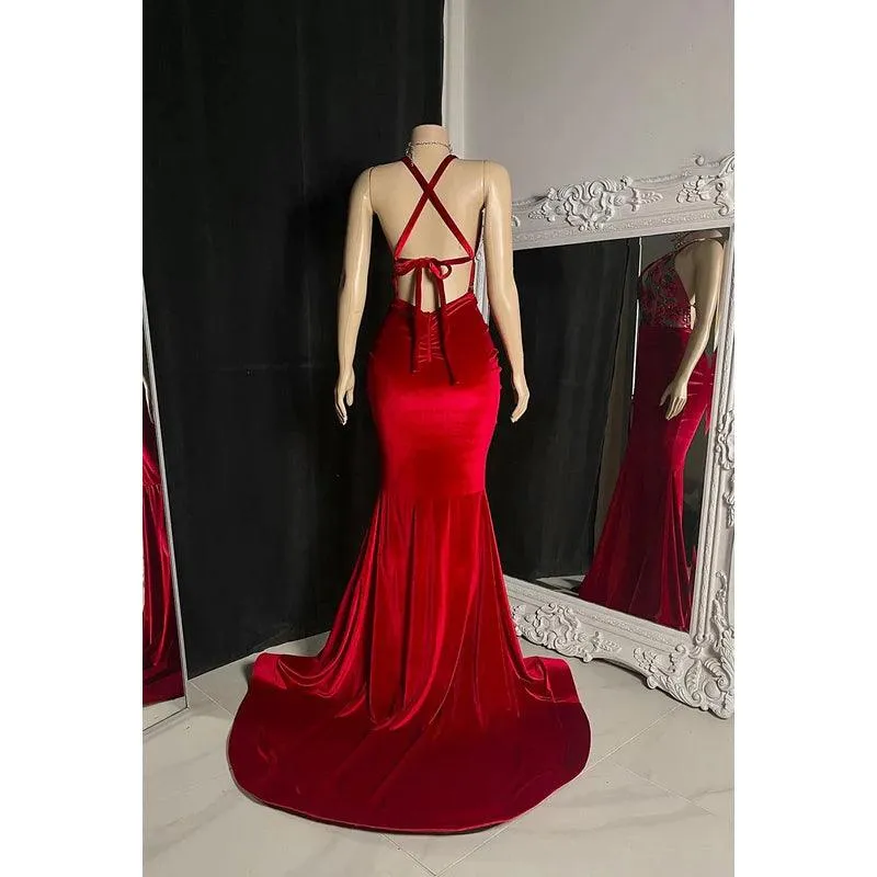 Sexy & Hot Halter V-neck Sleeveless Criss-Cross Straps Mermaid Slit Ruched Prom Dress