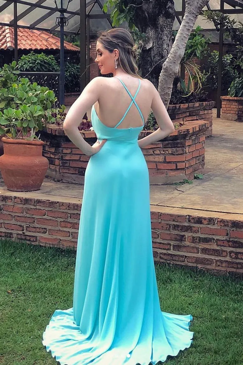 Sexy Flowy Blue Spaghetti Straps Chiffon Prom Dress with Side Slit