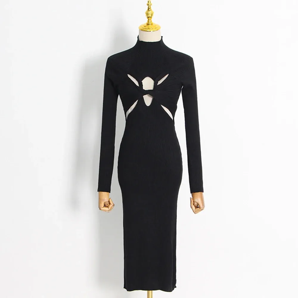Sexy Hollow Out Solid Knitting Dresses For Women Stand Collar Long Sleeve High Waist Minimalist Slimming Dress Female Style