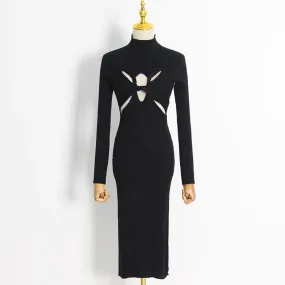 Sexy Hollow Out Solid Knitting Dresses For Women Stand Collar Long Sleeve High Waist Minimalist Slimming Dress Female Style