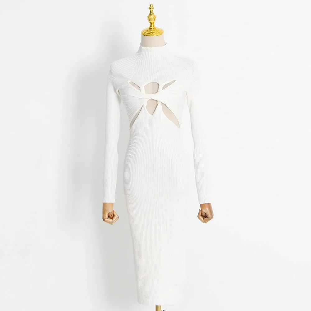 Sexy Hollow Out Solid Knitting Dresses For Women Stand Collar Long Sleeve High Waist Minimalist Slimming Dress Female Style