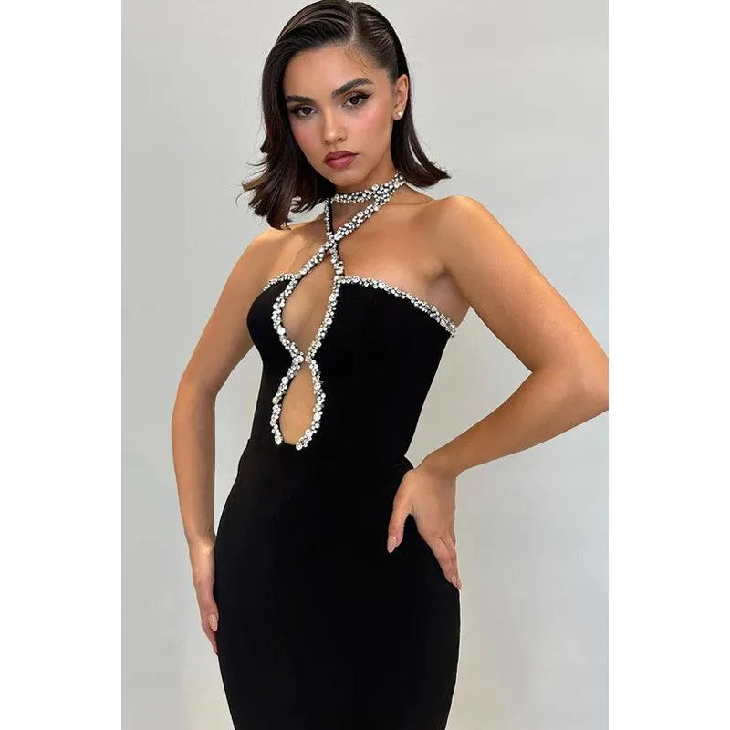 Sexy Rhinestone Halter Sleeveless Evening Party Prom Dress