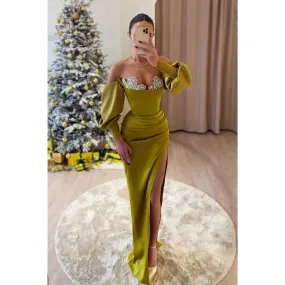 Sheath Off-shoulder Beaded Long Sleeves Green Prom Evening Dress