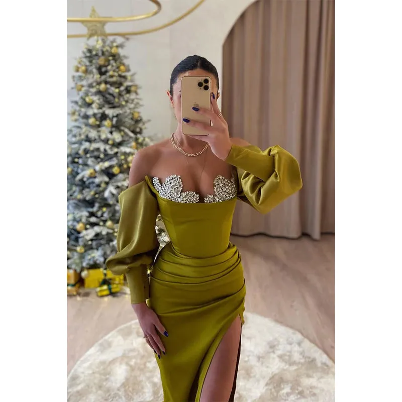 Sheath Off-shoulder Beaded Long Sleeves Green Prom Evening Dress