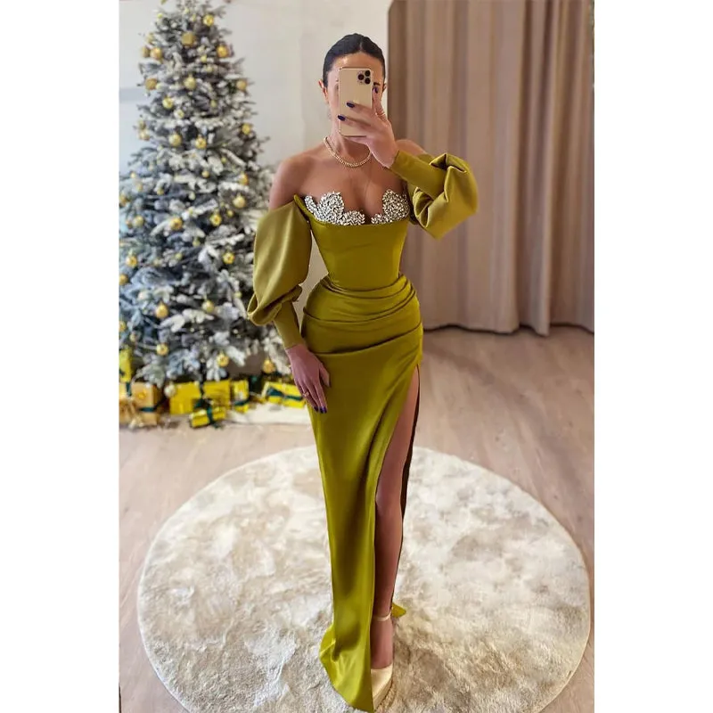 Sheath Off-shoulder Beaded Long Sleeves Green Prom Evening Dress