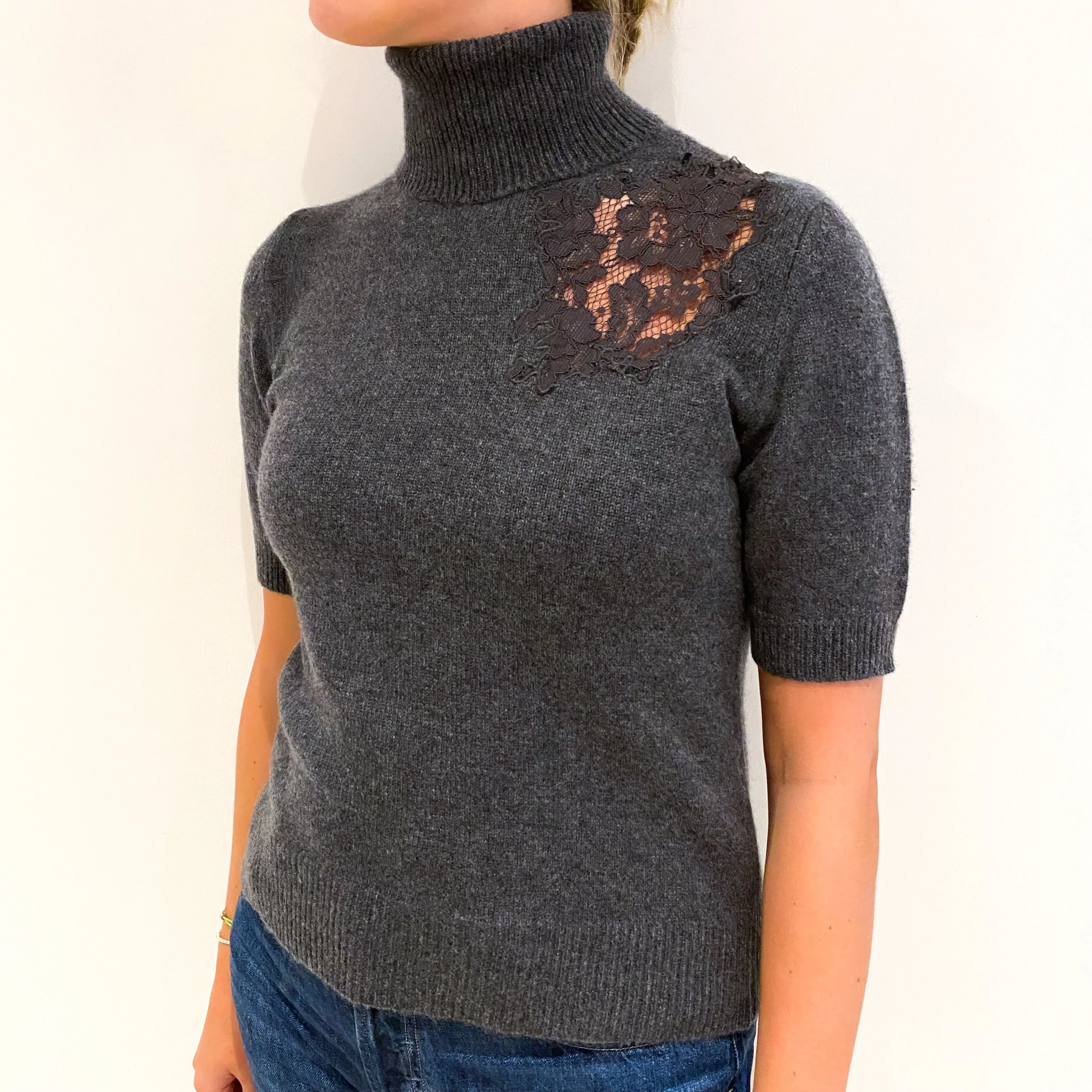 Slate Grey Cashmere Polo Neck Short Sleeve Jumper Small