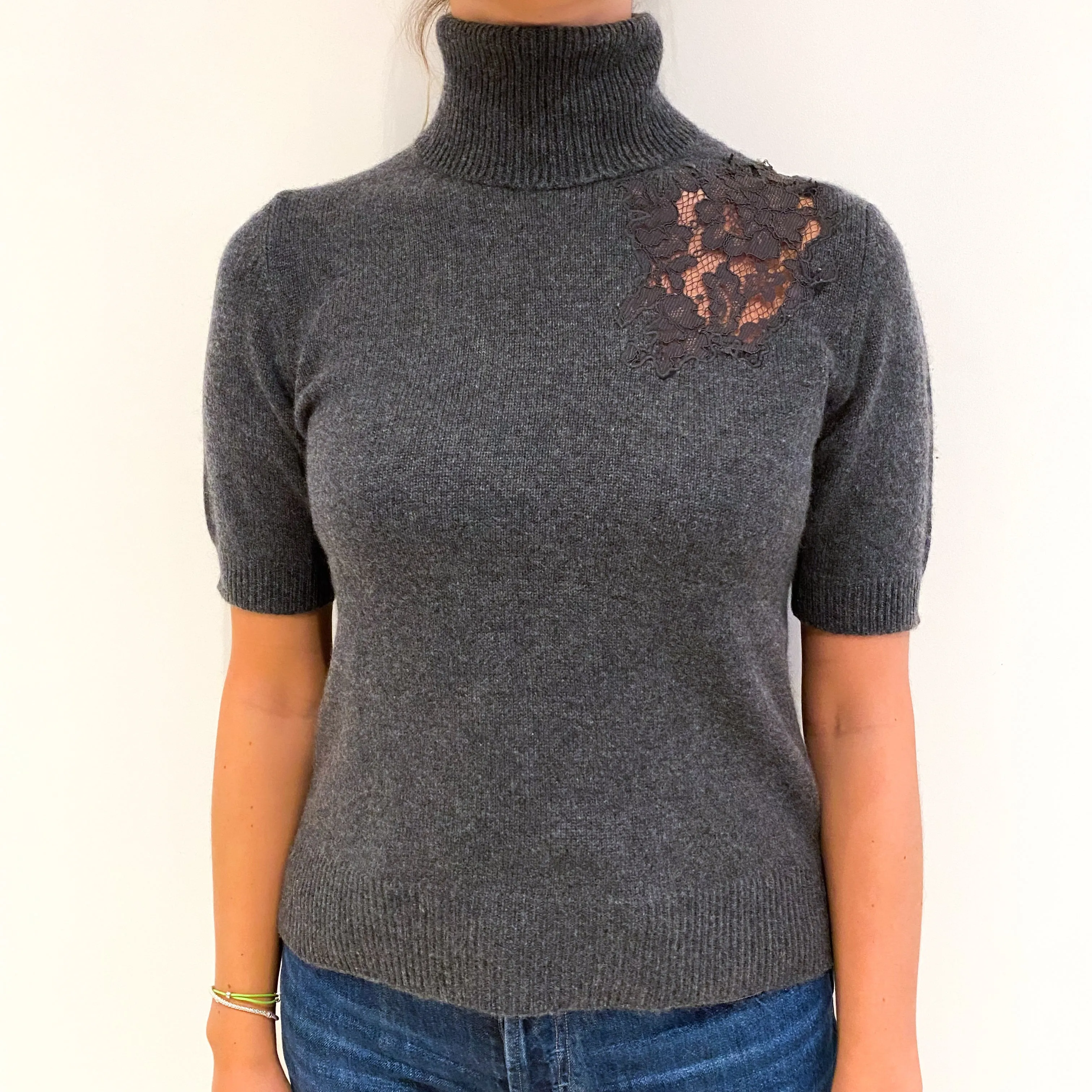 Slate Grey Cashmere Polo Neck Short Sleeve Jumper Small