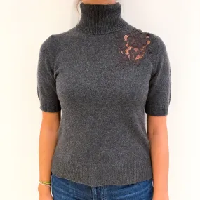 Slate Grey Cashmere Polo Neck Short Sleeve Jumper Small