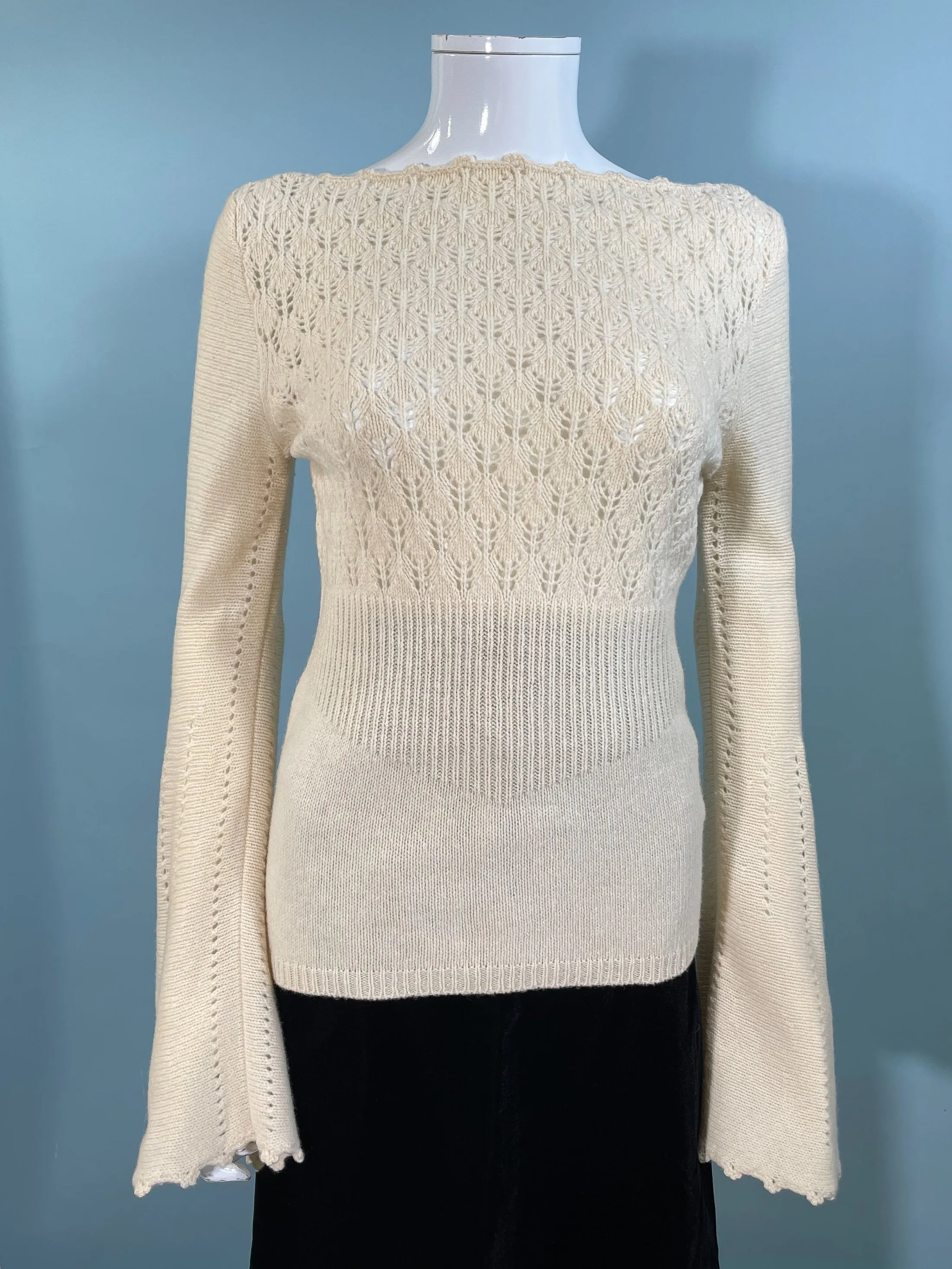 SOLD Express Vintage 90s Cream Merino Wool Sweater, Huge Bell Sleeves XS/S