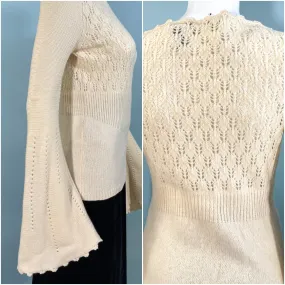 SOLD Express Vintage 90s Cream Merino Wool Sweater, Huge Bell Sleeves XS/S