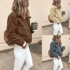 Solid Color Lapel Zipper Big Pockets Women Short Teddy Coat