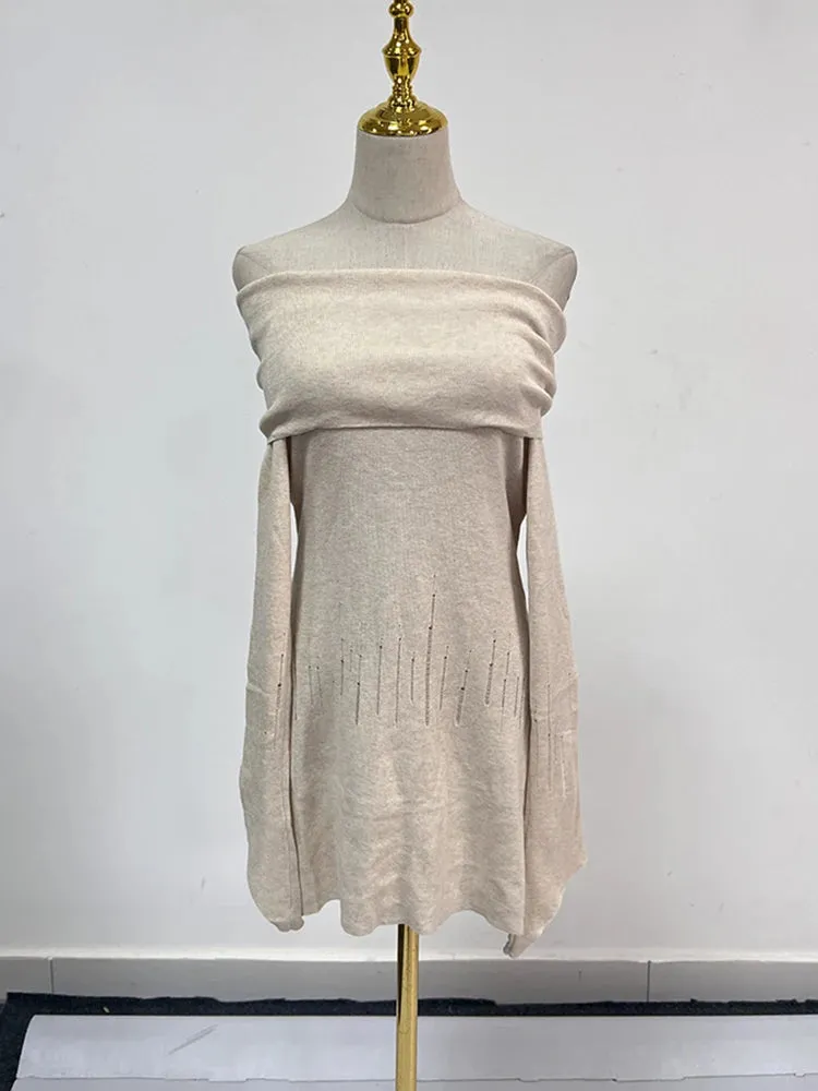 Solid Elegant Knitting Dresses For Women Slash Neck Long Sleeve High Waist  Minimalist Temperament Dress Female New