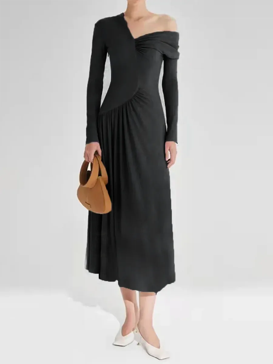 Solid Elegant Slimming Dresses For Women Diagonal Collar Long Sleeve High Waist Off Shoulder Folds Minimalist Dress Female