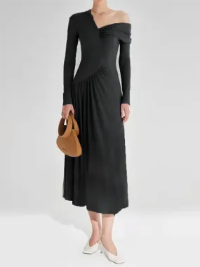 Solid Elegant Slimming Dresses For Women Diagonal Collar Long Sleeve High Waist Off Shoulder Folds Minimalist Dress Female
