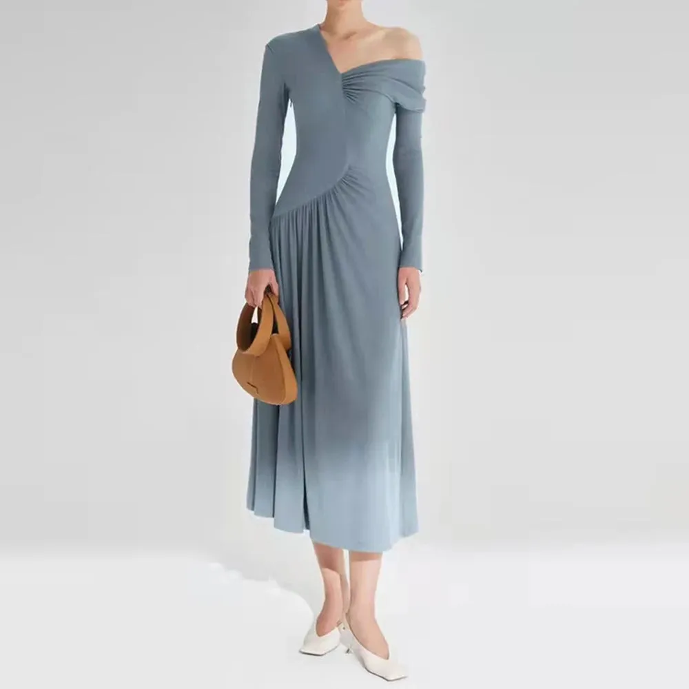 Solid Elegant Slimming Dresses For Women Diagonal Collar Long Sleeve High Waist Off Shoulder Folds Minimalist Dress Female