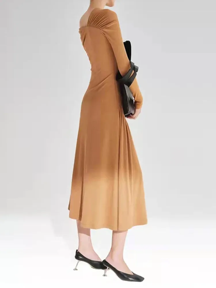 Solid Elegant Slimming Dresses For Women Diagonal Collar Long Sleeve High Waist Off Shoulder Folds Minimalist Dress Female